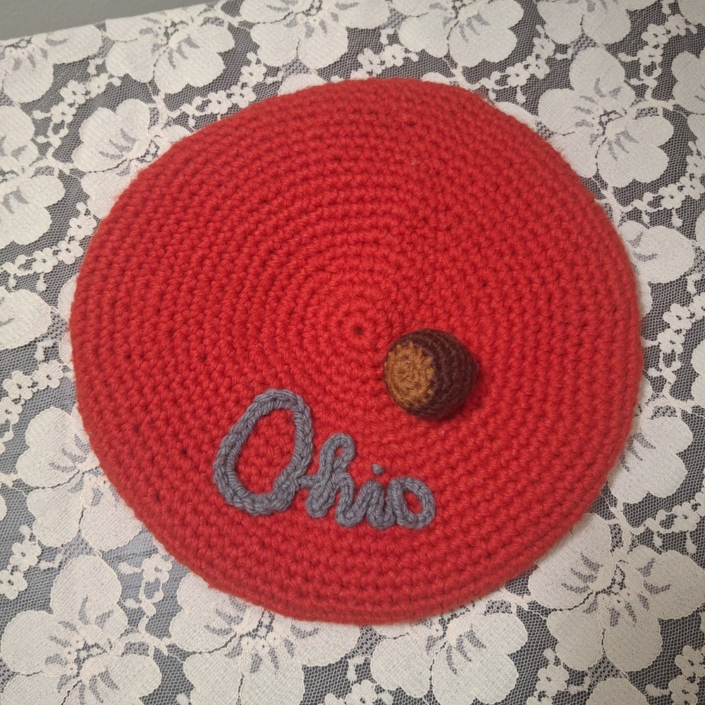 Handmade Red Ohio Crochet Knit Beret Hat Featuring a Brown Acorn